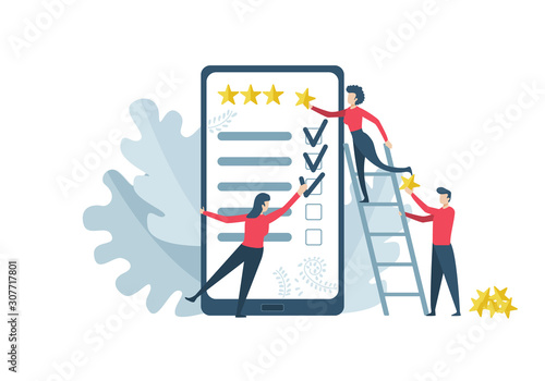 Feedback concept. Survey concept vector illustration with big smartphone and small characters.