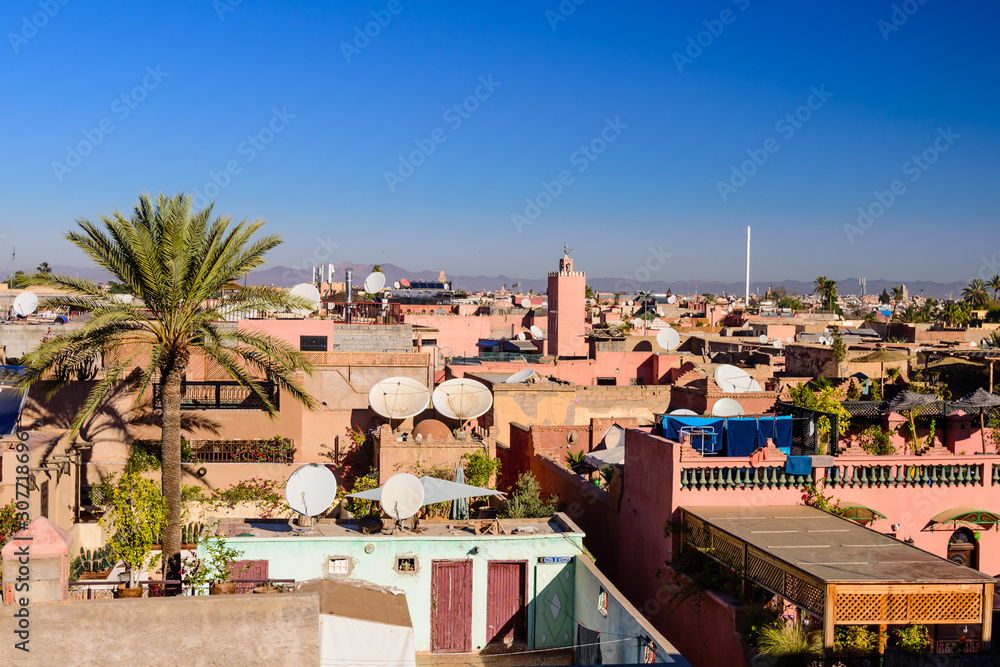 Aerial view of Marrakech old town. Roofs of buildings in Marrakech, Morocco.