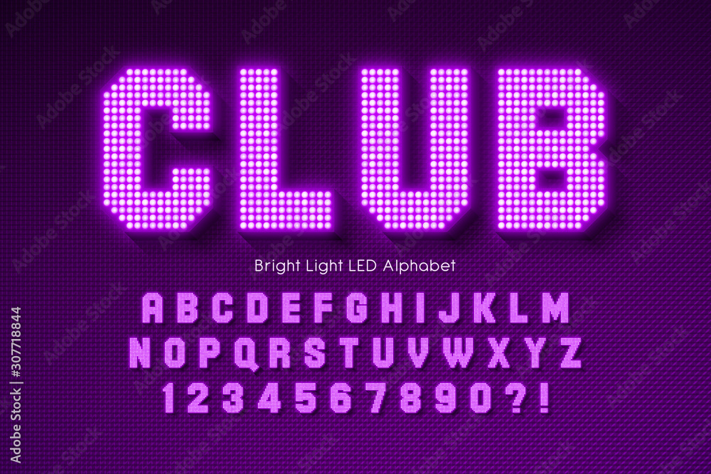 Fototapeta premium Lśniący alfabet LED, dodatkowo świecąca czcionka.