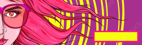 Vector illustration, banner or poster for advertising,  layout  banner girl in trendy style. Modern background design, colorful business card template design, holiday concept. Vector cover blank