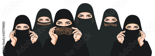 Group of women, beautiful muslim women in black niqab - vector illustration, arabian Woman Face Covered with Hijab, Muslim traditional clothing, black burqa