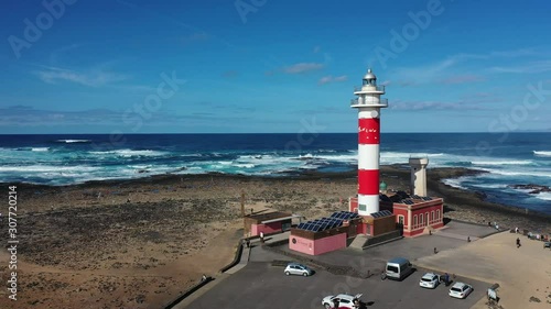 Lighthouse on the shore of the Atlantic Ocean. Aerial view. Canary Islands.