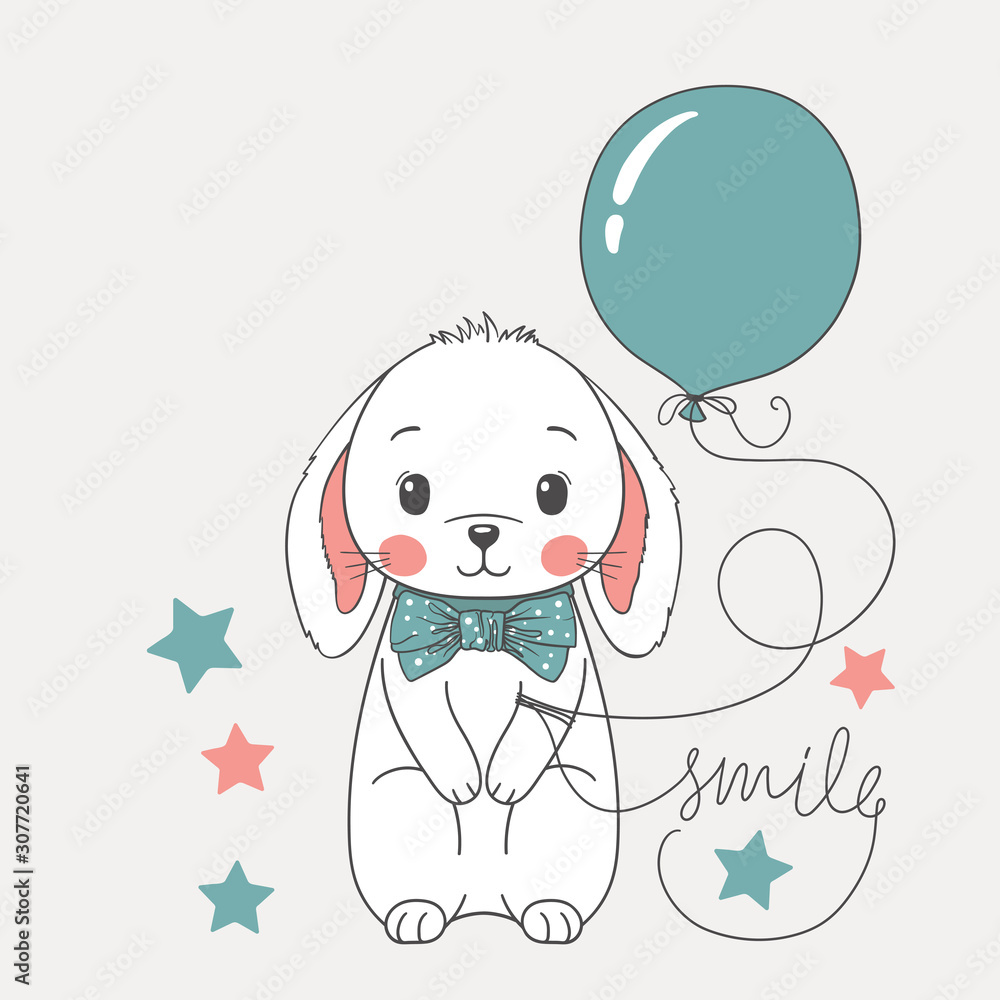 Fototapeta premium Cute rabbit boy with balloon, bow tie. Smile slogan. Cartoon vector illustration