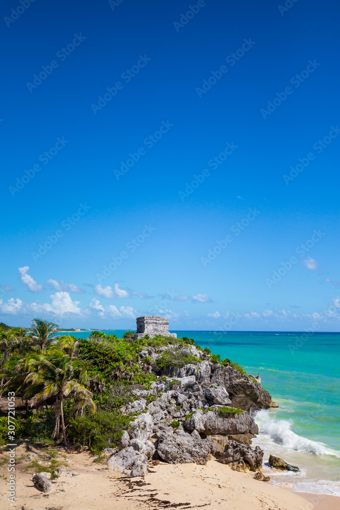 ancient maya ruin at the beach in Tulum, Mexico