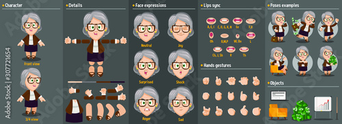 Cartoon aged businesswoman constructor for animation. Parts of body: legs, arms, face emotions, hands gestures, lips sync. Full length, front, three quarter view. Set of ready to use poses