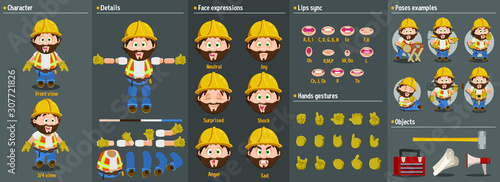 Cartoon builder man, foreman, worker in hardhat constructor for animation. Parts of body: legs, arms, face emotions, hands gestures, lips sync. Full length, front, three quarter view