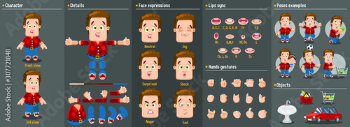 Cartoon father, family man, dad constructor for animation. Parts of body: legs, arms, face emotions, hands gestures, lips sync. Full length, front, three quarter view. Set of ready to use poses