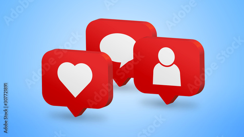 Background of red social media notification like icon . Follow, comment. - 3D Rendering