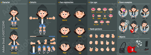 Cartoon tomboyish girl, student constructor for animation. Parts of body: legs, arms, face emotions, hands gestures, lips sync. Full length, front, three quater view. Set of ready to use poses, object photo