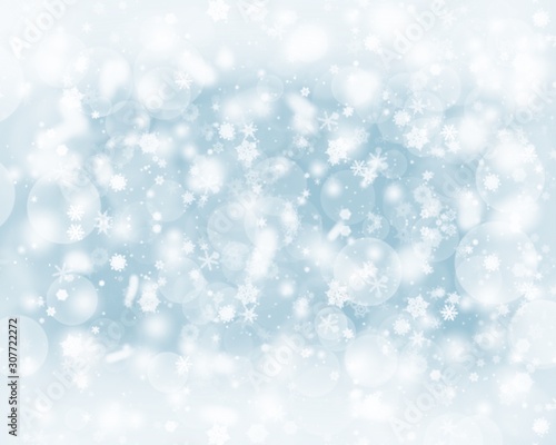 Blue abstract background with white snowflakes winter and bokeh stars blurred beautiful shiny light, use illustration Christmas new year wallpaper backdrop and texture your product.