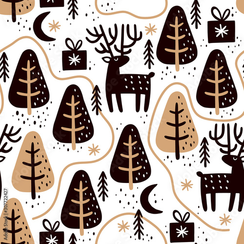 Seamless pattern with deers and christmas trees. Great for fabric, textile, wrapping paper. Vector Illustration