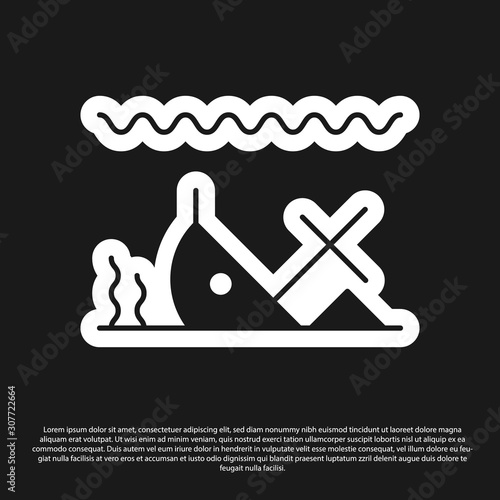 Black Sunken ship at the bottom of the sea icon isolated on black background. Vector Illustration