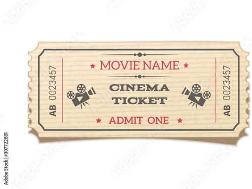 Realistic retro movie ticket isolated on white background.