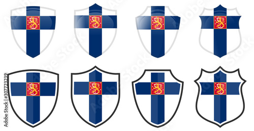 Vertical Finland flag in shield shape, four 3d and simple versions. Finnish icon / sign