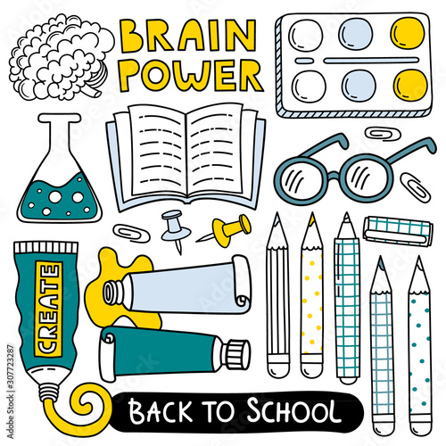 Back to school illustration. Clip art collection. Doodle set various school stuff supplies.