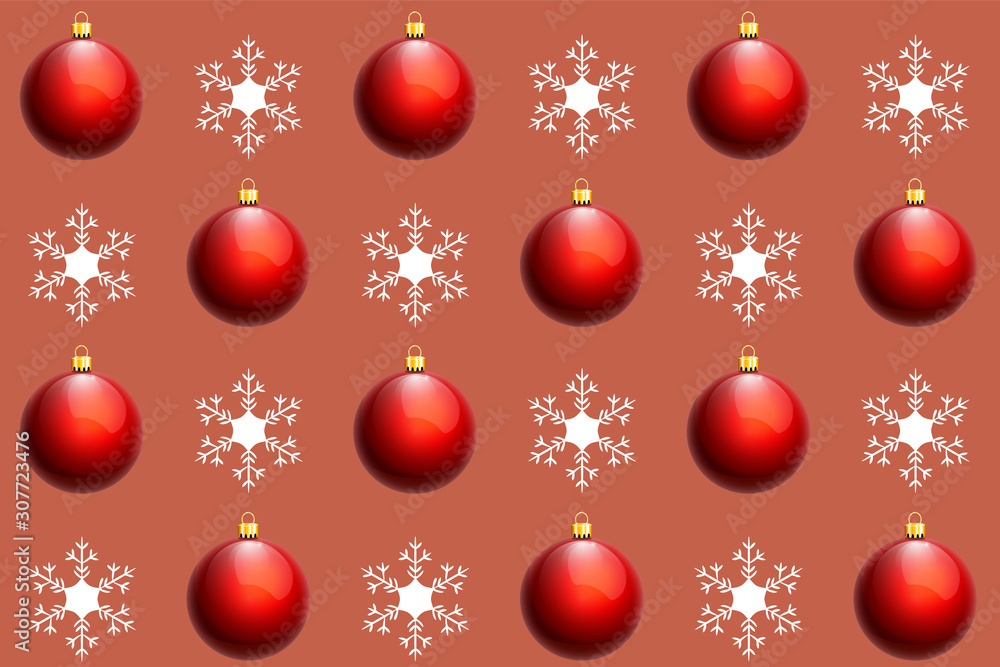 Seamless pattern. Red glossy baubles and white snowflakes geometrically arranged on dark coral background. Christmas wallpaper, background, wrapping paper for gifts. Seamless pattern. Red glossy baubles and white snowflakes geometrically arranged on dark coral background. Christmas wallpaper, background, wrapping paper for gifts.