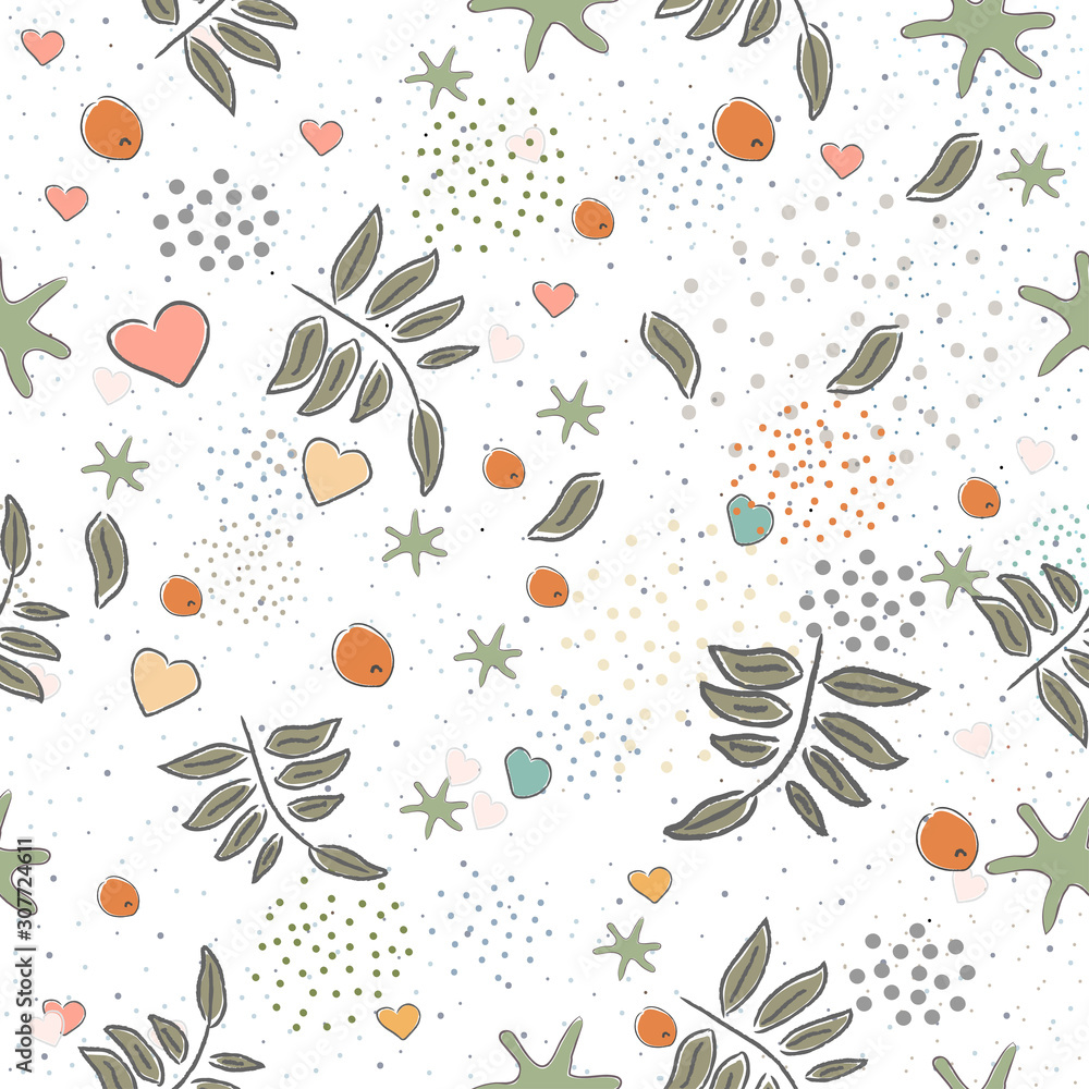 Seamless Cute Pattern with colorful leaves. Scandinavian Style.