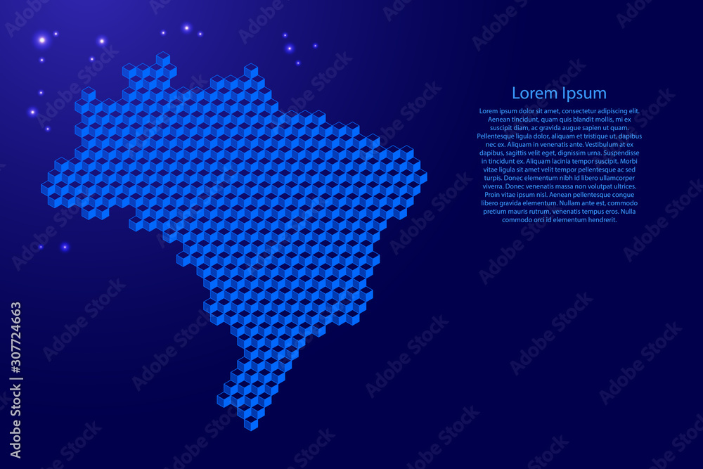 Brazil map from 3D blue cubes isometric abstract concept, square pattern, angular geometric shape, glowing stars. Vector illustration.