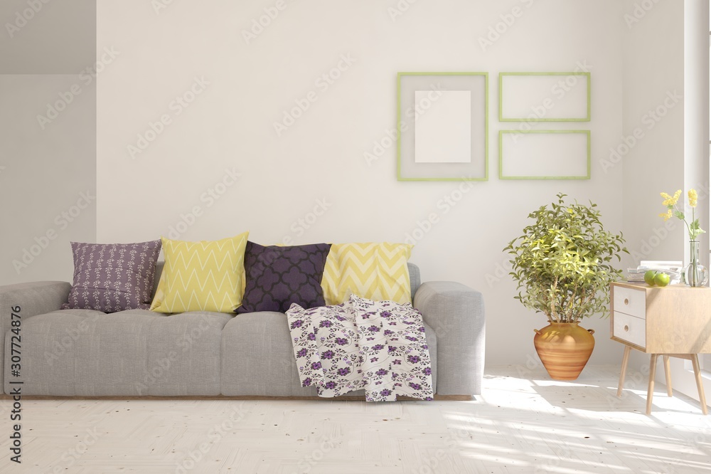 Stylish room in white color with sofa. Scandinavian interior design. 3D illustration Stylish room in white color with sofa. Scandinavian interior design. 3D illustration
