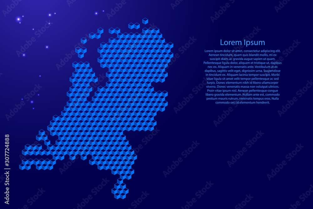 Netherlands map from 3D blue cubes isometric abstract concept, square pattern, angular geometric shape, glowing stars. Vector illustration.