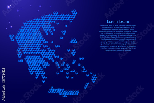 Fotografie, Obraz Greece map from 3D blue cubes isometric abstract concept, square pattern, angular geometric shape, glowing stars