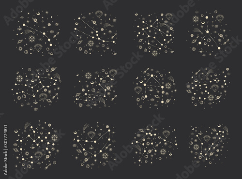 Vector illustration set of moon phases. Different stages of moonlight activity in vintage engraving style. Zodiac Signs