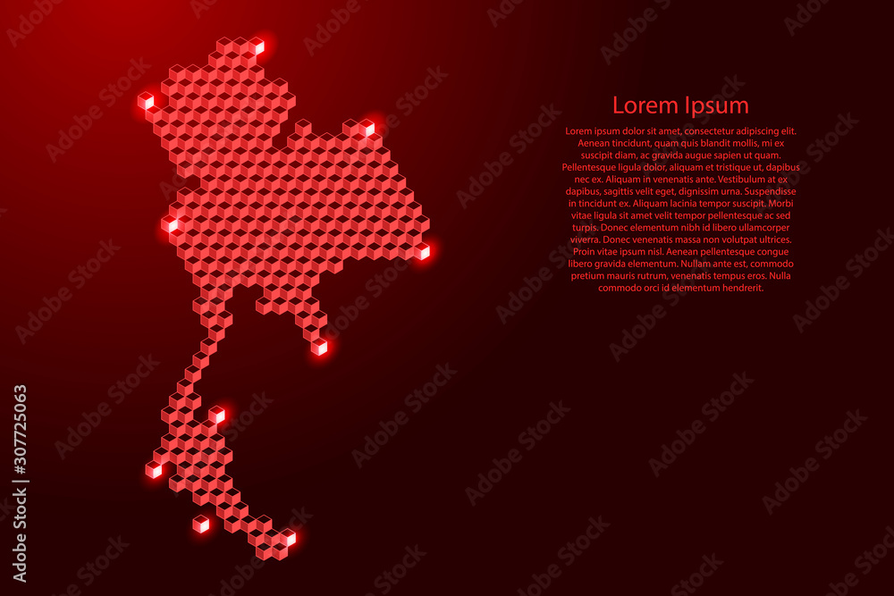 Thailand map from 3D red cubes isometric abstract concept, square pattern, angular geometric shape, for banner, poster. Vector illustration. Thailand map from 3D red cubes isometric abstract concept, square pattern, angular geometric shape, for banner, poster. Vector illustration.