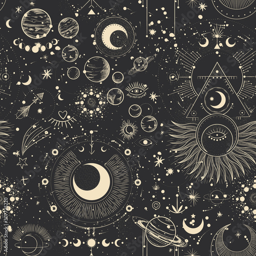 Vector illustration set of moon phases. Different stages of moonlight activity in vintage engraving style. Zodiac Signs