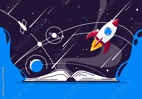 Vector illustration open book, space with rocket, planets, stars, space satellite, space book
