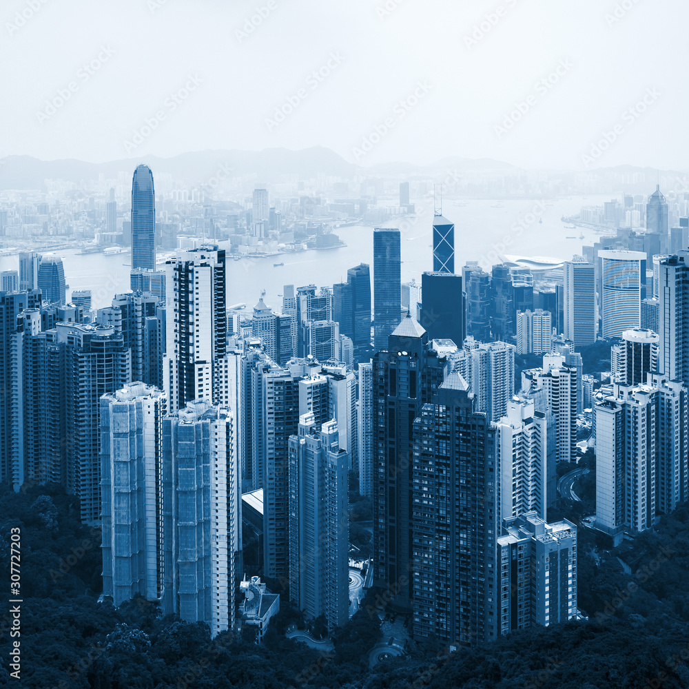Hong Kong downtown view blue toned