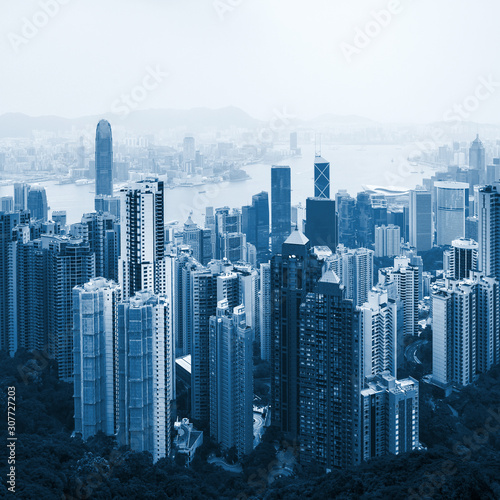 Fototapeta Hong Kong downtown view blue toned