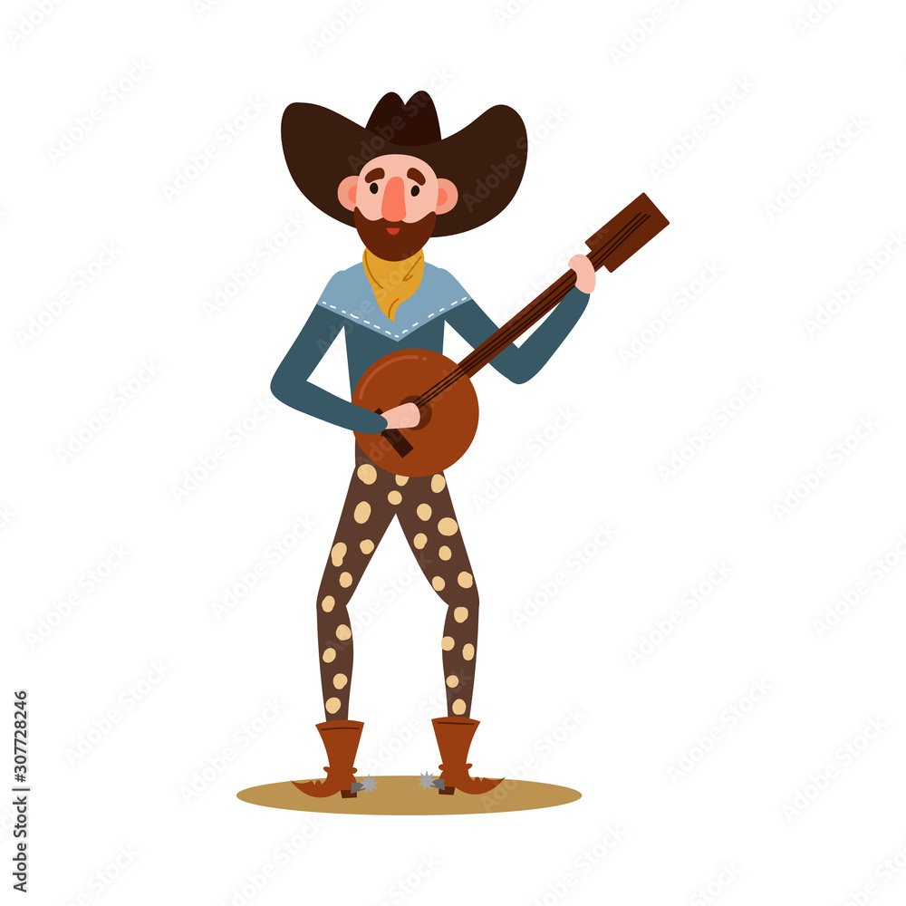 Funny American cowboy in a yellow bandana plays on the banjo. Vector ...