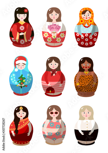 Set of nesting dolls in colorful costumes of different nationalities. Vector illustration in flat cartoon style.
