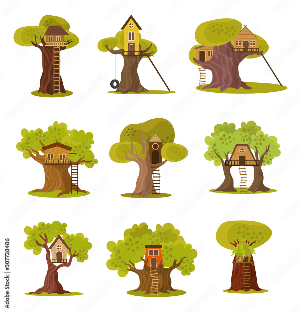 Set of cute small tree houses. Vector illustration in flat cartoon style.  Stock Vector | Adobe Stock