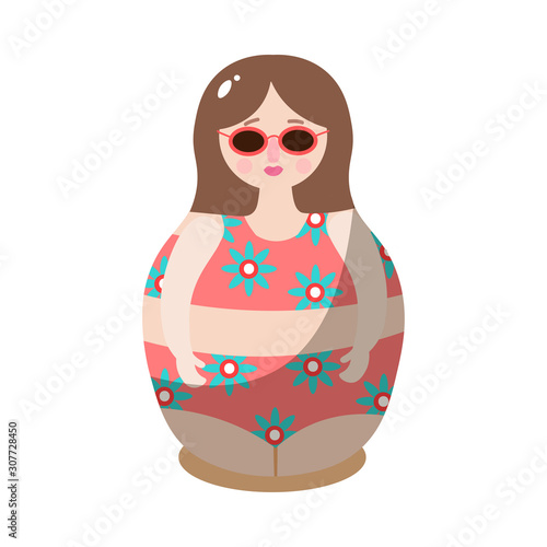 Nesting doll in a drawing swimsuit. Vector illustration in flat cartoon style