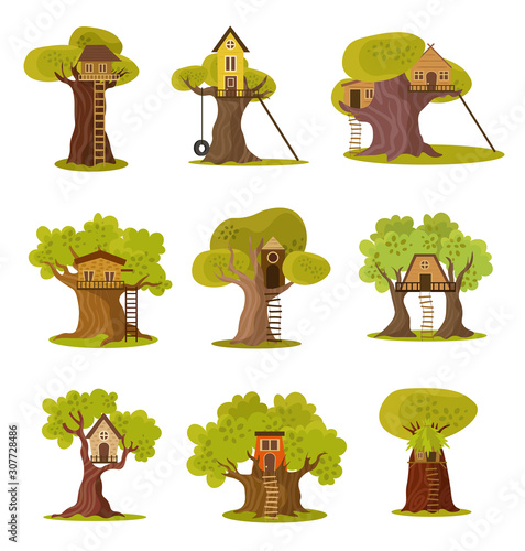 Set of cute small tree houses. Vector illustration in flat cartoon style.