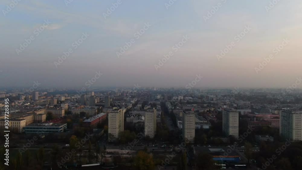 Pedestal down drone aerial view of Warsaw city capitol of Poland. Pedestal down drone aerial view of Warsaw city capitol of Poland.