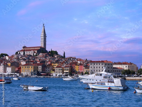 Old town architecture and Adriatic sea surrounds Venetian old town of Rovinj, Istria peninsula.