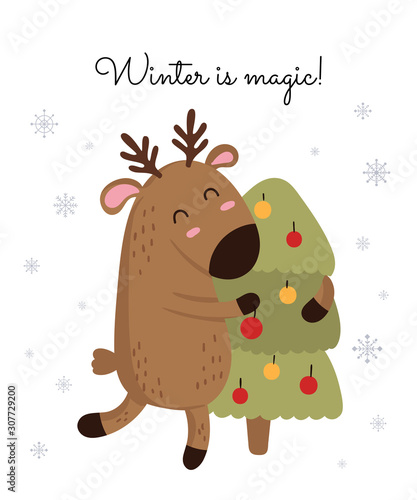 Creative postcard for Christmas and New Year with cute deer and winter slogan