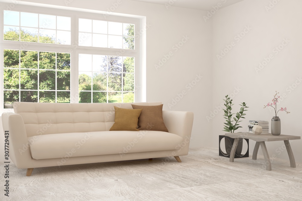 Fototapeta premium Stylish room in white color with sofa and summer landscape in window. Scandinavian interior design. 3D illustration