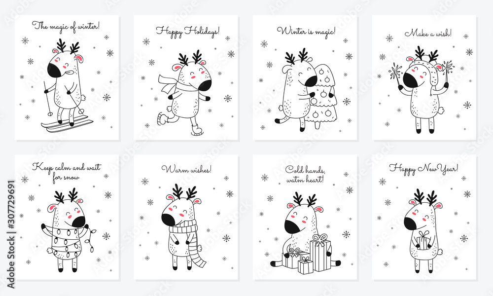 Naklejka Wektorowa kolekcja kart z ręcznie rysującym ładny zimowy jeleń i slogan