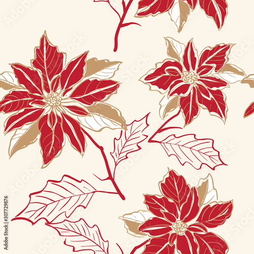 Obraz na plátně Seamless colorful hand drawn sketchy red and golden poinsettia flower pattern