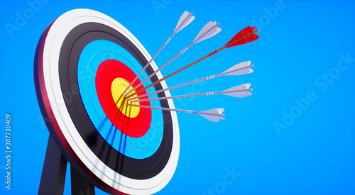 Colored target board with arrows in the sun against blue sky - 3D illustration photo