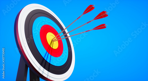 Colored target board with arrows in the sun against blue sky - 3D illustration