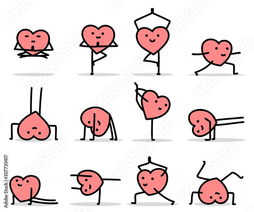 Cartoon heart characters doing yoga poses. To see the other vector heart character illustrations , please check Cartoon Heart Characters collection.