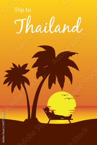 Travel to Thailand and Asia. Man lies in a sun lounger and drinks a cocktail. Tourist resting on a beach under a palm tree against the sunset. Trip to tropical countries concept. Vector illustration.