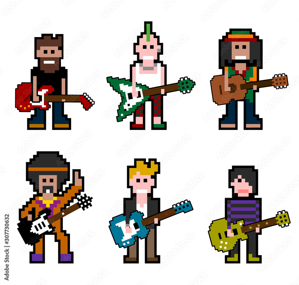 vector pixel musician characters with guitars