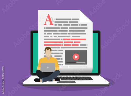 Blogging, Blogger. Freelance. Creative writing. Copy writer. Content management. Flat cartoon miniature illustration vector.