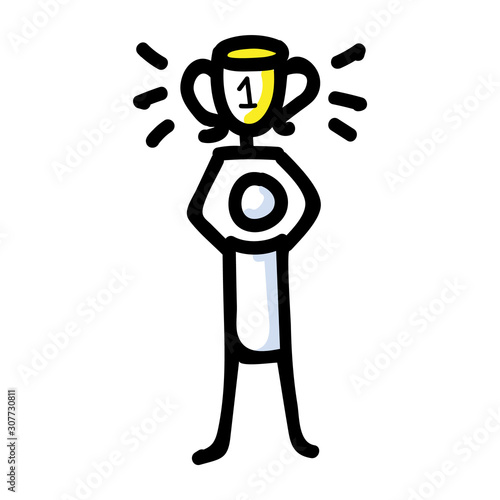Hand Drawn Stick Figure First Place. Concept Prize Winner Competition. Simple Icon Motif for Pictogram contest. Winnter, Trophy, First Place Bujo Illustration. Vector EPS 10. 