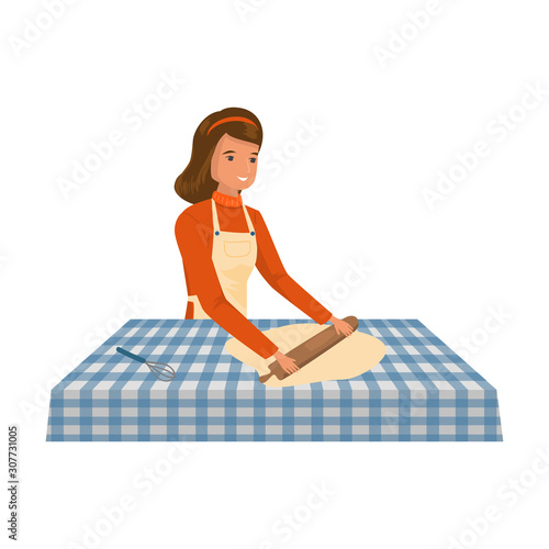 Woman cook in apron rolling dough for baking vector illustration